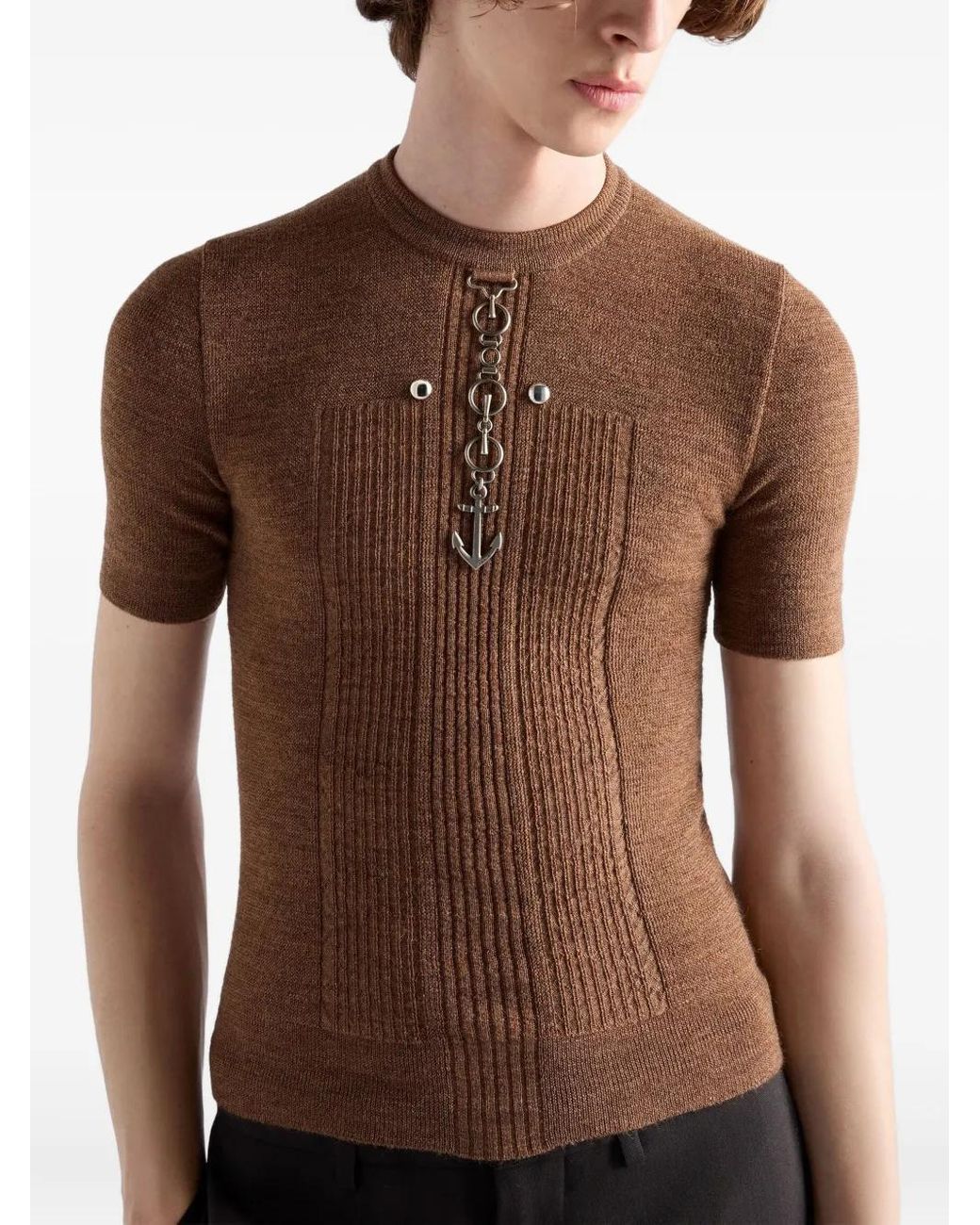 Prada Brown Wool Crew-Neck Sweater With Studs, Rust for men
