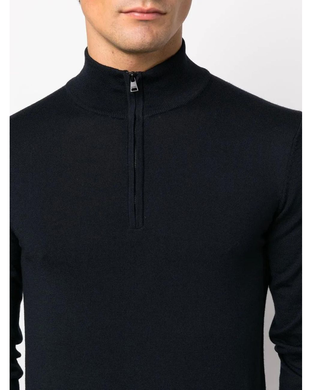 HUGO Blue Merino Wool Sweater With Zip Neck for men
