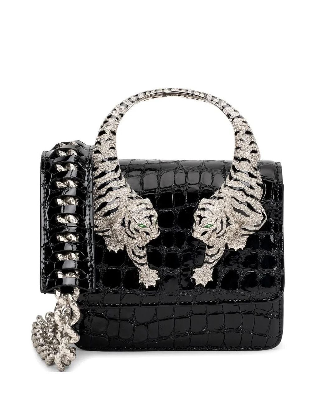 Roberto Cavalli Black Croc-Effect Tiger-Handle Clutch Bag