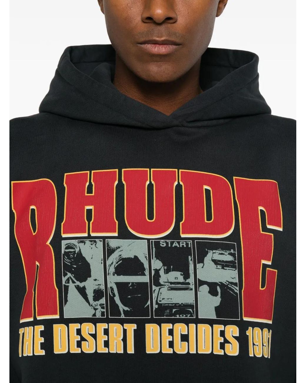 Rhude Black Graphic-Print Drawstring Hoodie for men