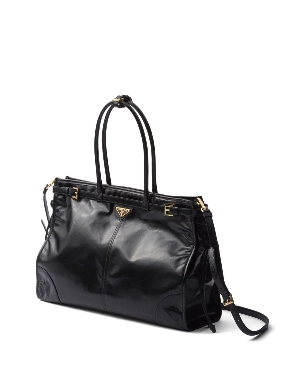 Prada Black Triangle Logo Leather Tote Bag