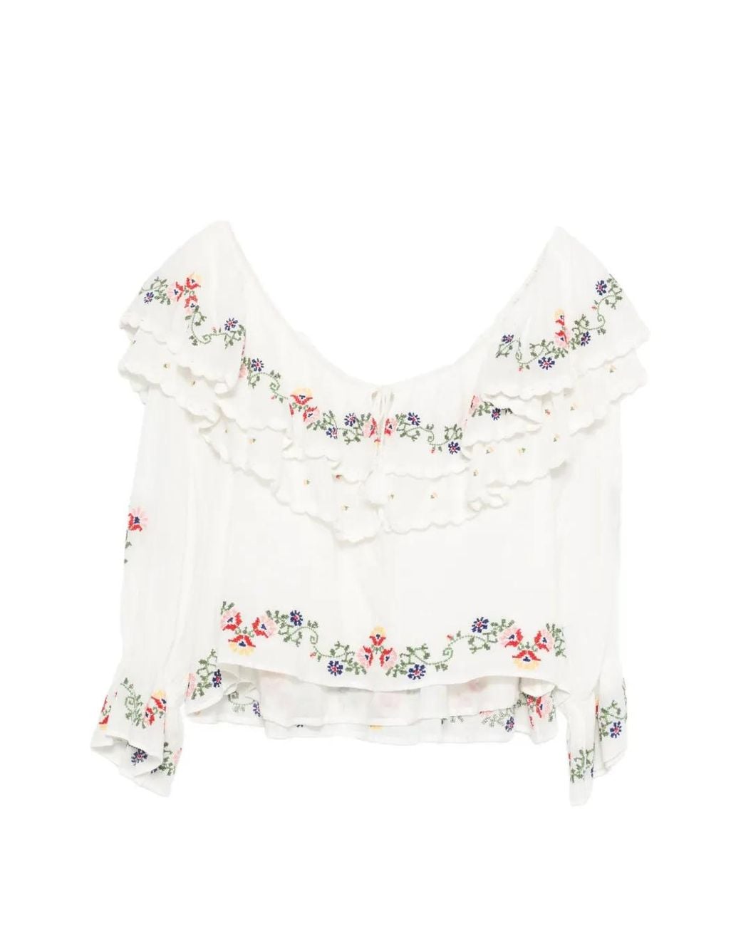Rixo White Maurine Embroidered Ruffled Top