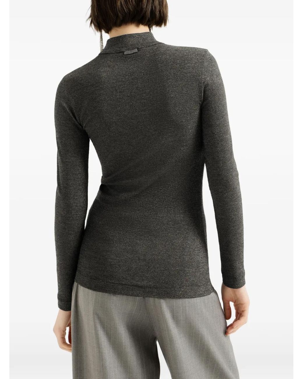 Brunello Cucinelli Black Sparkling Virgin Wool Funnel-Neck Long Sleeve T-Shirt With Monili