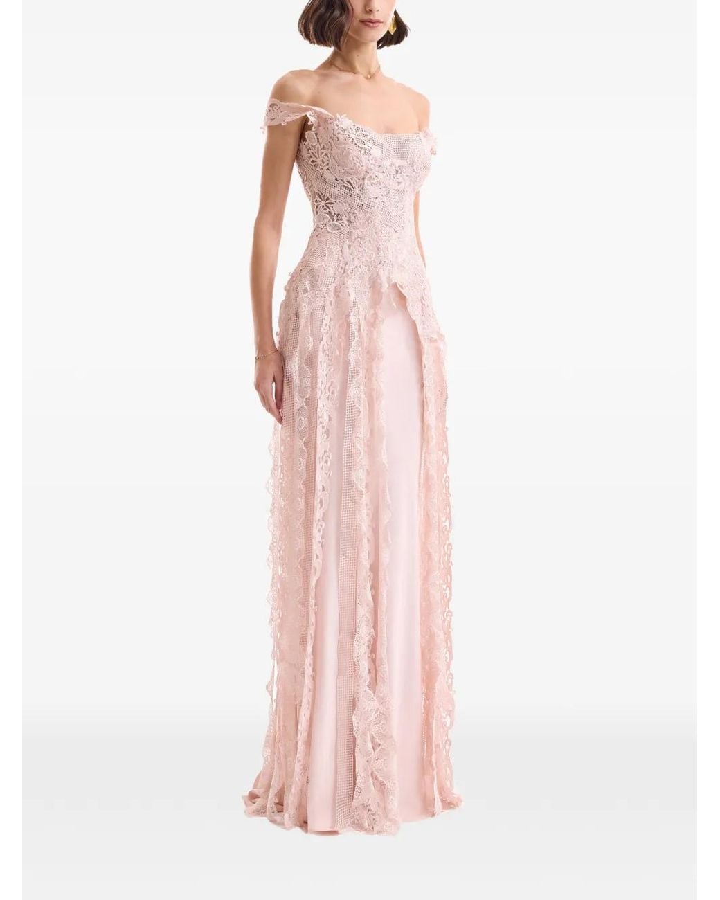 Gemy Maalouf Pink Embroidered Lace-Trim Top