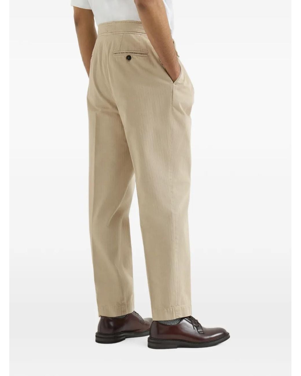 Brunello Cucinelli Natural Cotton Chevron Trousers With Double Pleats And Waist Tabs for men