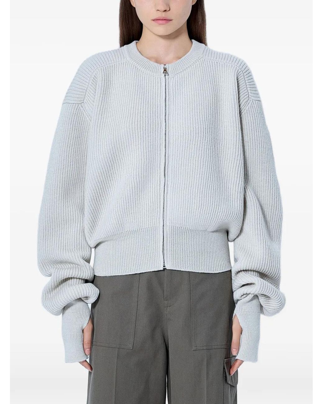 Rier Gray Ribbed-Knit Zip-Up Cardigan