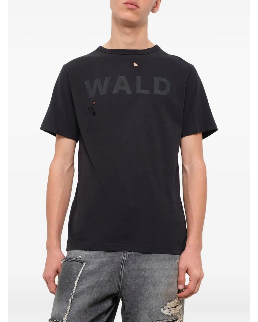 Waldi Black Logo-Print Distressed T-Shirt for men