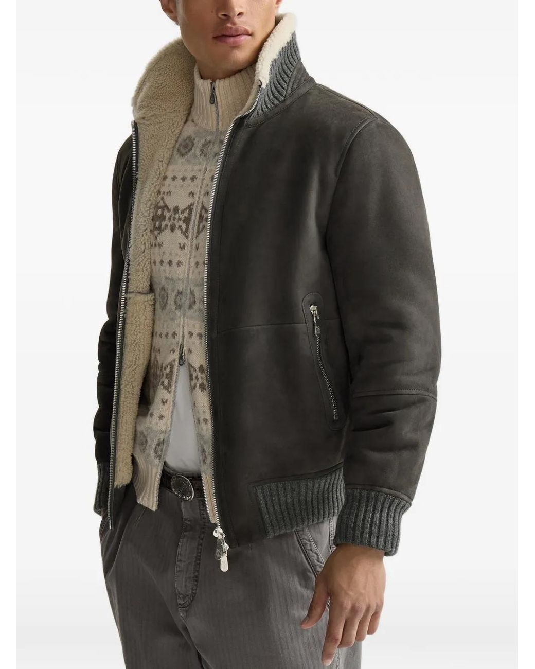 Brunello Cucinelli Gray Shearling Leather Jacket for men