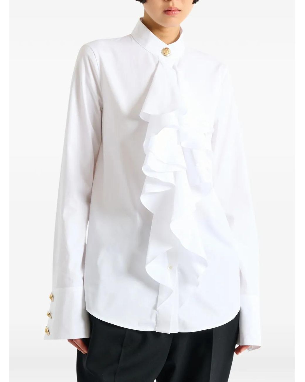 Balmain White Ruffled Poplin Shirt