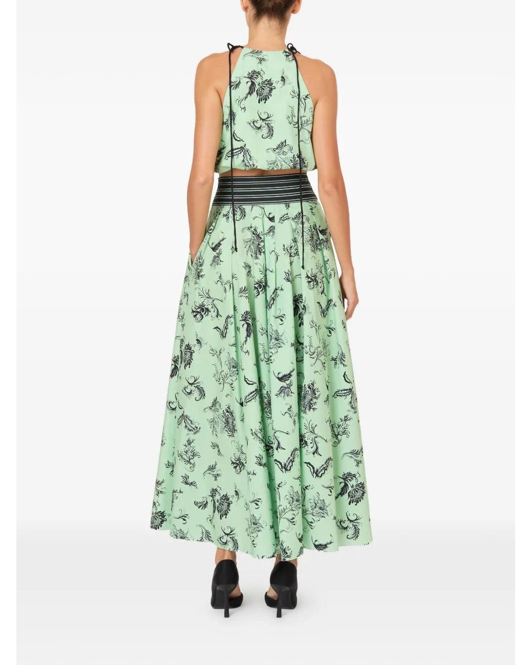 Rosie Assoulin Green Tie Pleated Floral Skirt