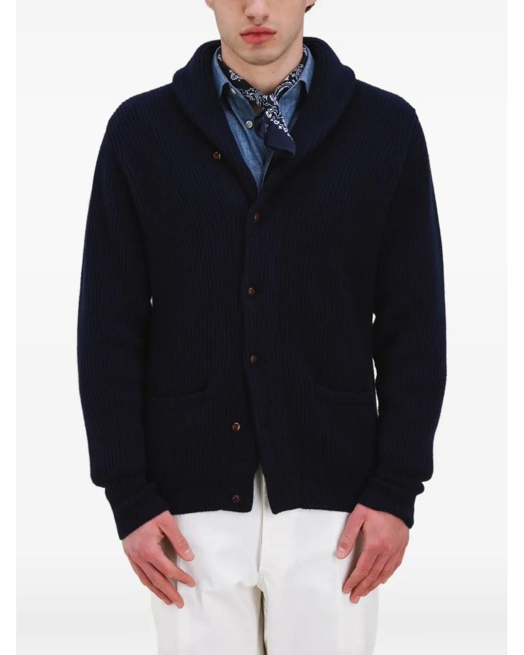 Fortela Blue Shawl-Collar Filet-Pocket Knitwear for men