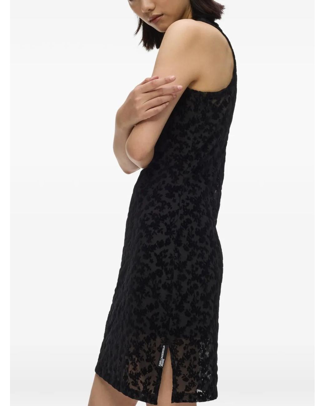 Karl Lagerfeld Black Flocked Floral-Print Mini Dress