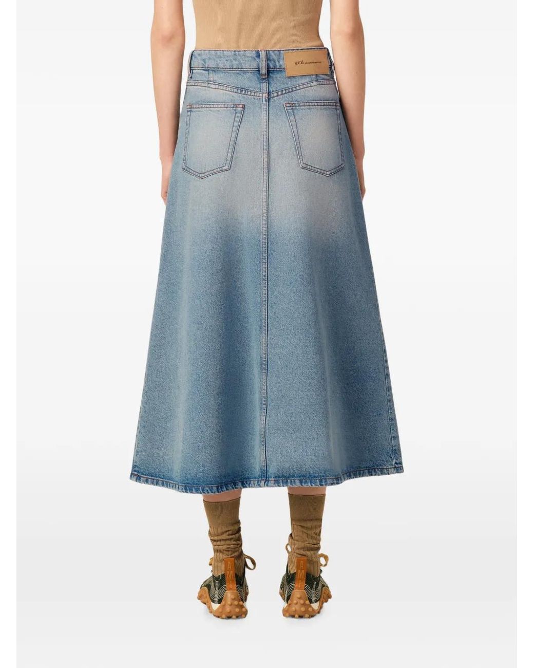 AMI Blue Long A-Line Cotton Skirt