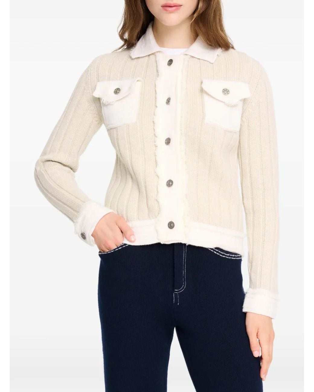 Barrie White Ribbed-Knit Frayed Cardigan