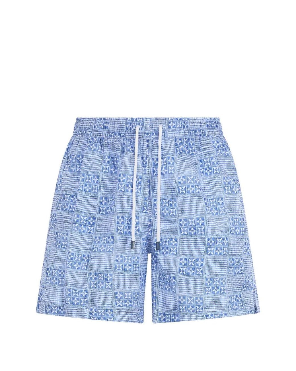 Fedeli Blue Printed Drawstring Swim Shorts for men