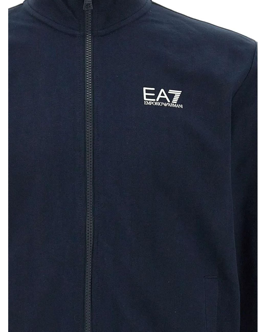 EA7 Blue Cotton Zip-Up Jacket With Stand-Up Collar And Core Identity for men