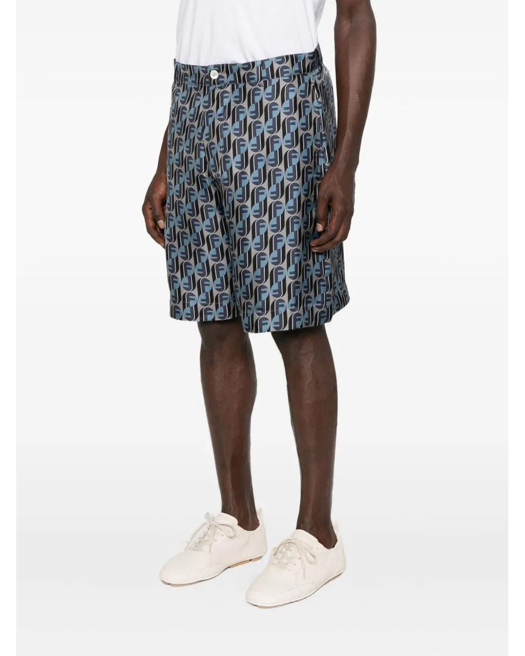 Fendi Blue Monogram-Print Silk Shorts for men
