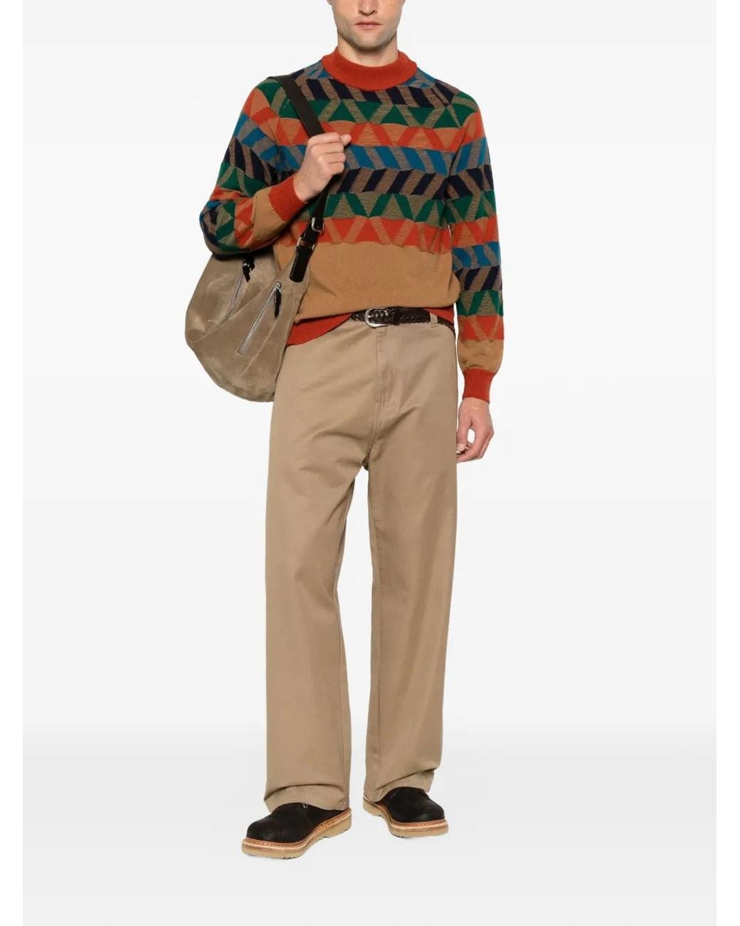 GALLIA Natural Franz Geometric-Pattern High-Neck Sweater for men