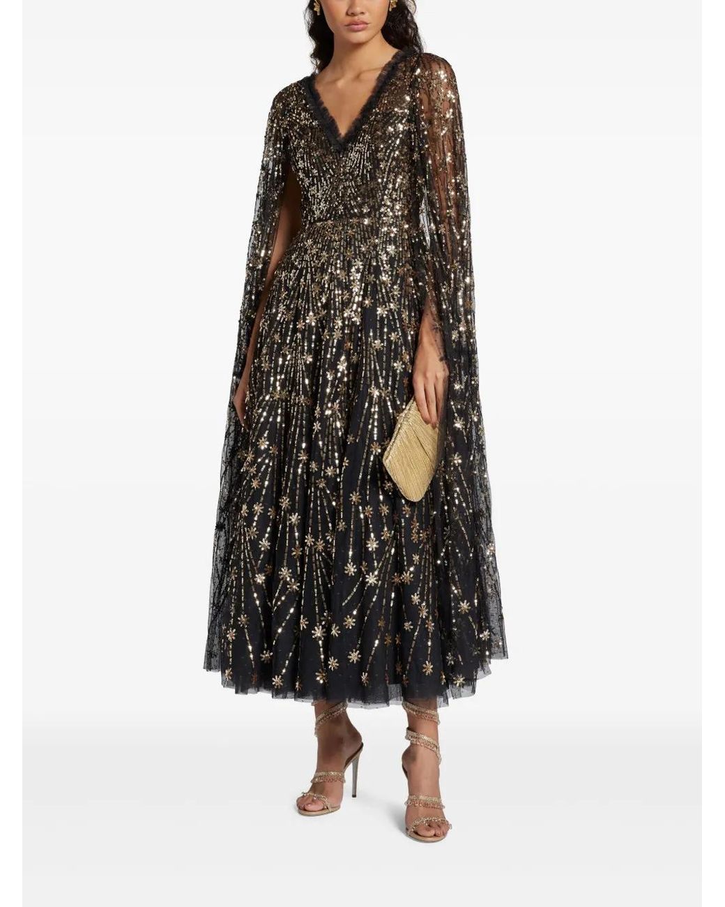 Needle & Thread Black Sequined Cape Dress