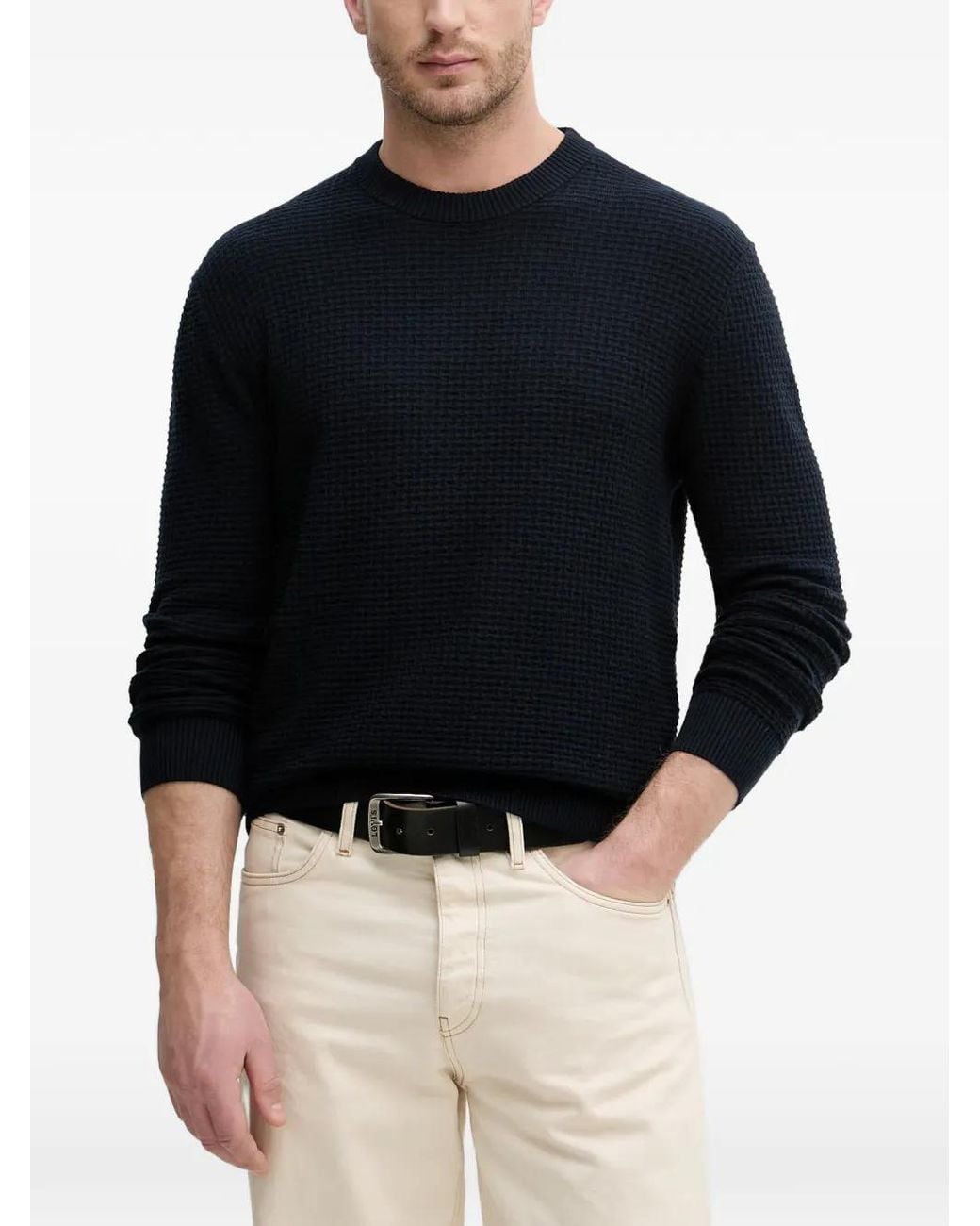 Sisley Blue Waffle-Knit Crew-Neck Sweater for men