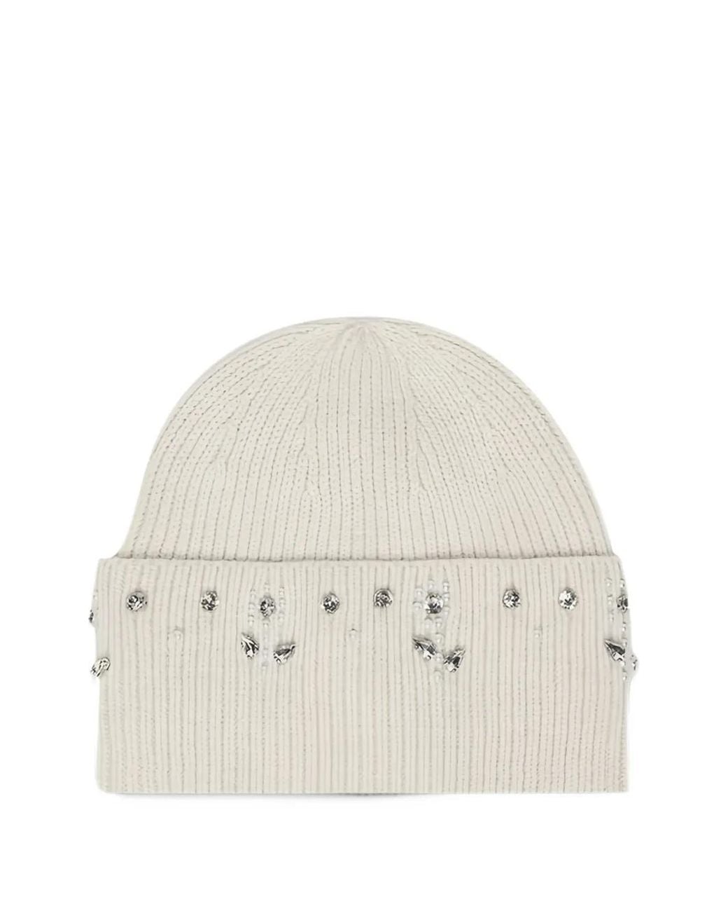 Emme White Crystal-Embellished Ribbed Beanie Hat