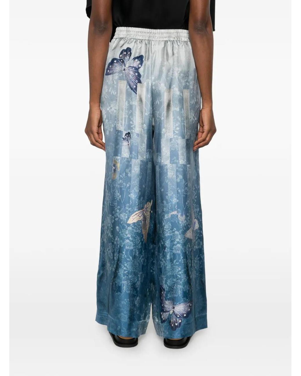 Pierre Louis Mascia Blue Butterfly-Print Silk Palazzo Pants