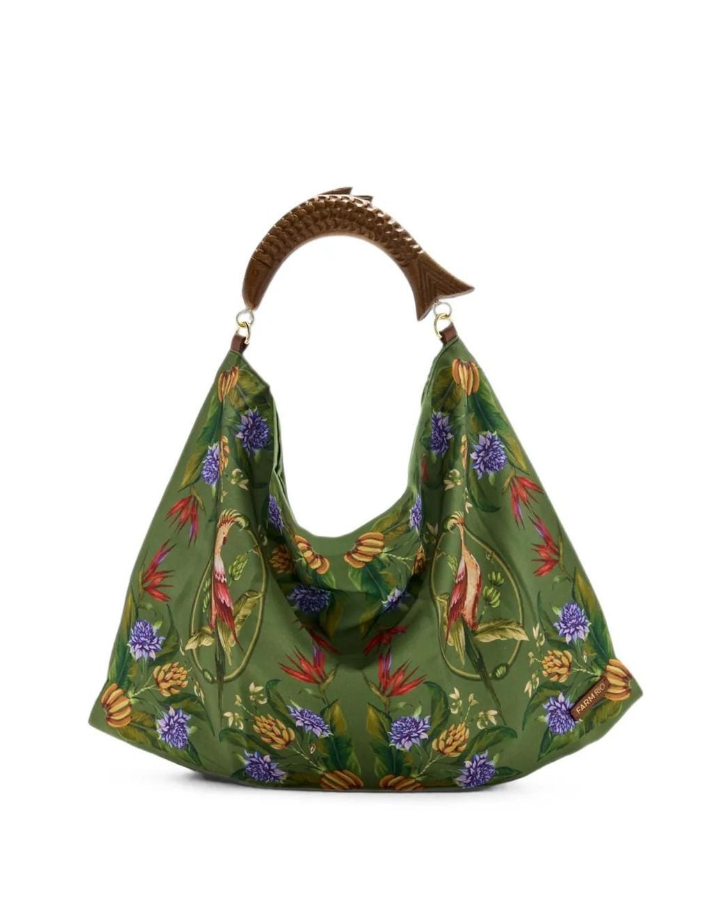 Farm Rio Green Tropical-Print Fish-Handle Shoulder Bag