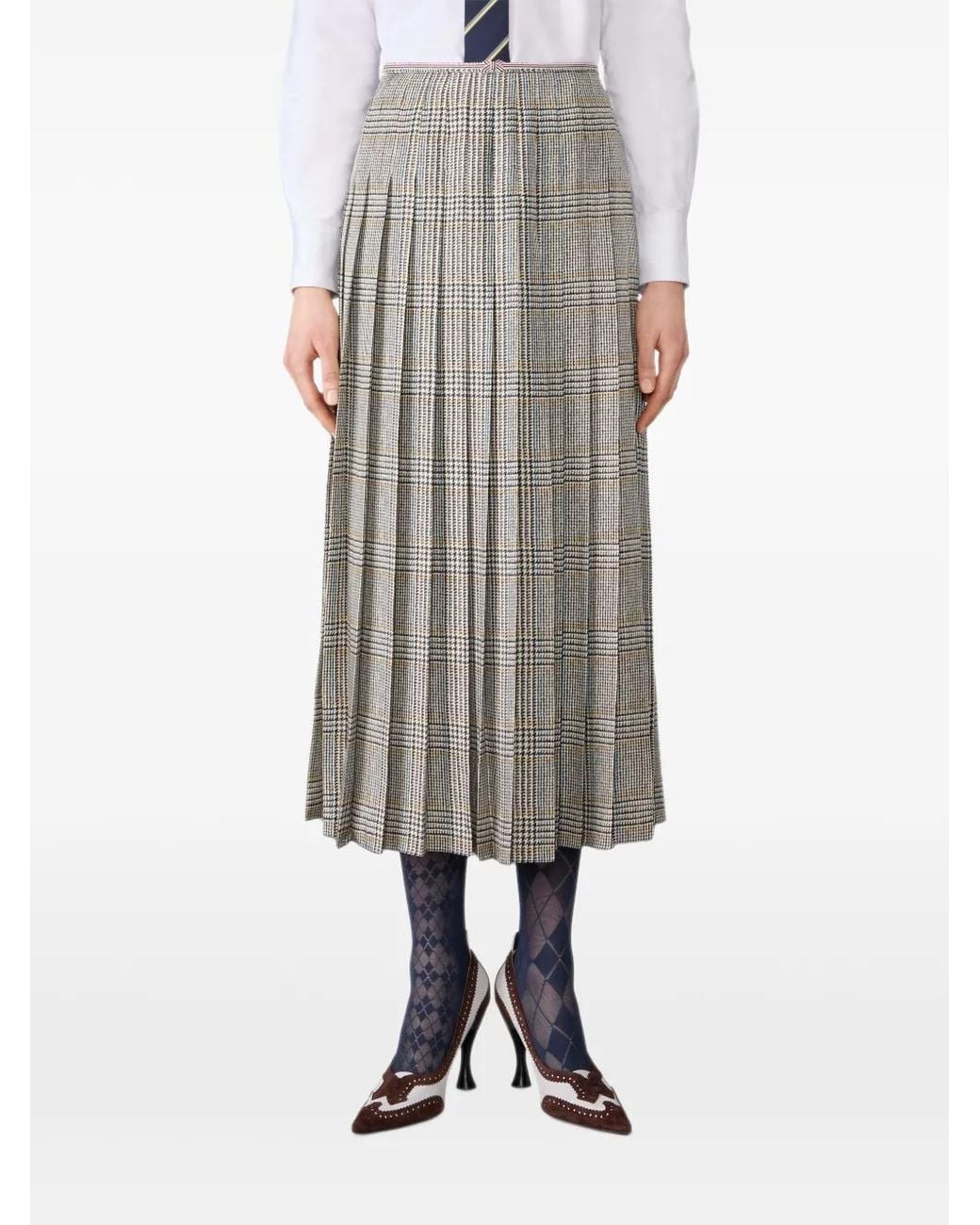 Thom Browne Gray Hunting Tweed Silk Twill Pleated Skirt