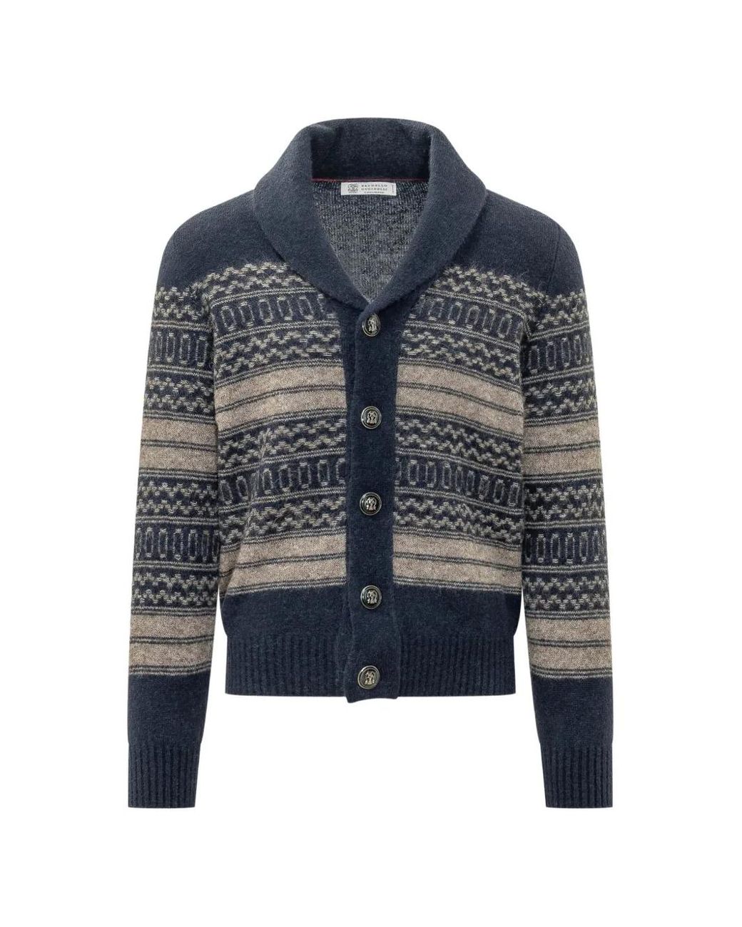 Brunello Cucinelli Blue Cardigan En Maille Fair Isle À Col Châle for men