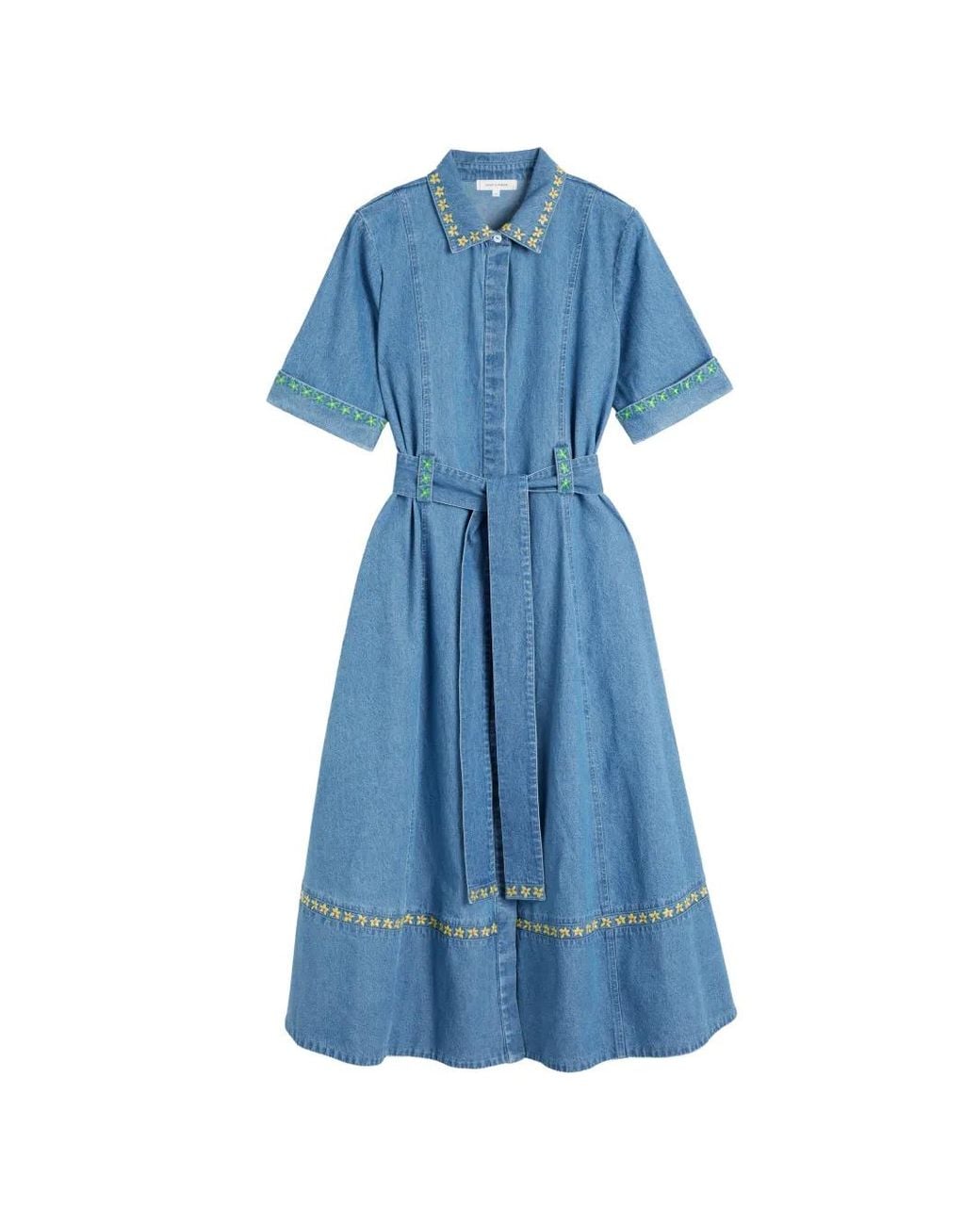 Chinti & Parker Blue Embroidered-Detail Tie-Fastening Midi Dress