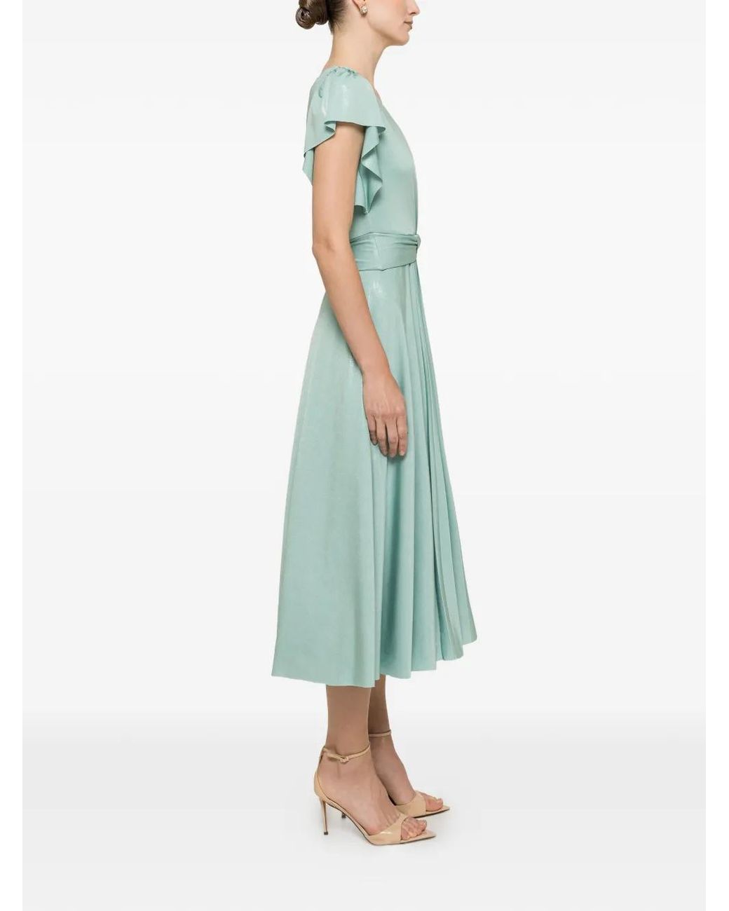 Nissa Green Glossy-Effect Ruffled Midi Dress