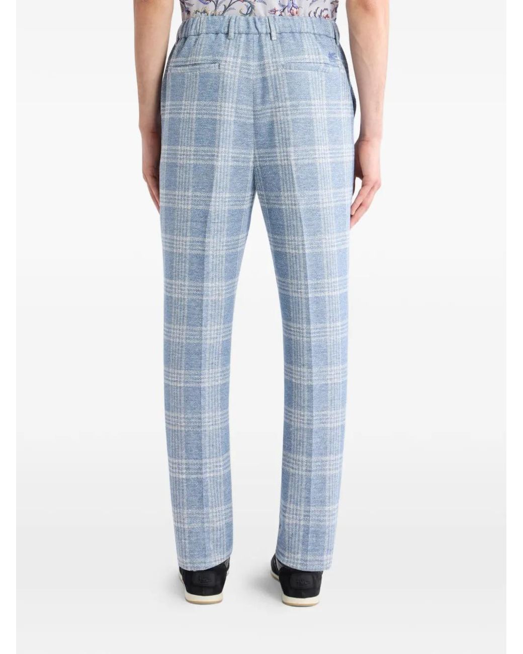 Etro Blue Linen- And Cotton-Blend Jersey Trousers With Maxi Check Motif for men