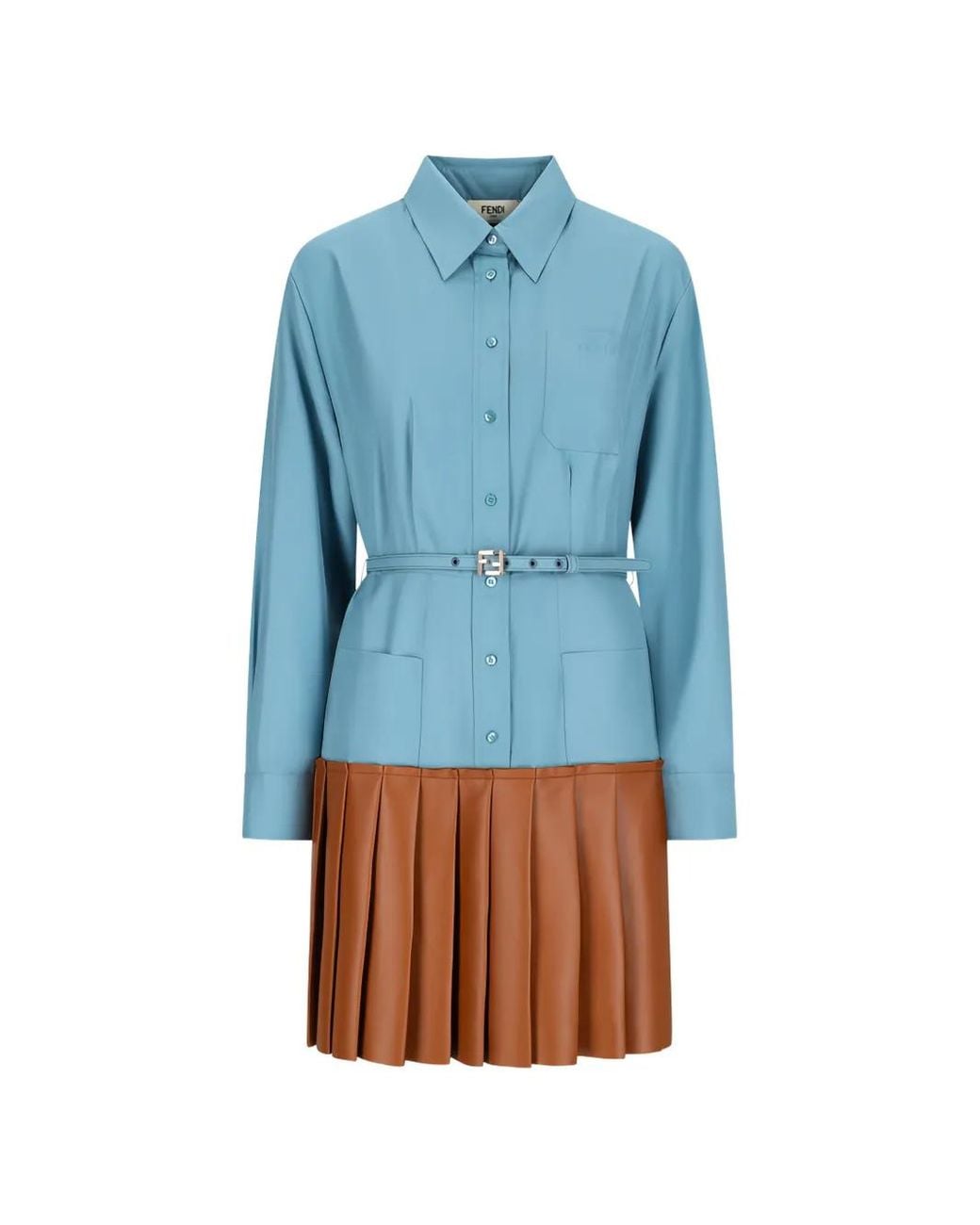 Fendi Blue Pleated Poplin Shirt Mini Dress