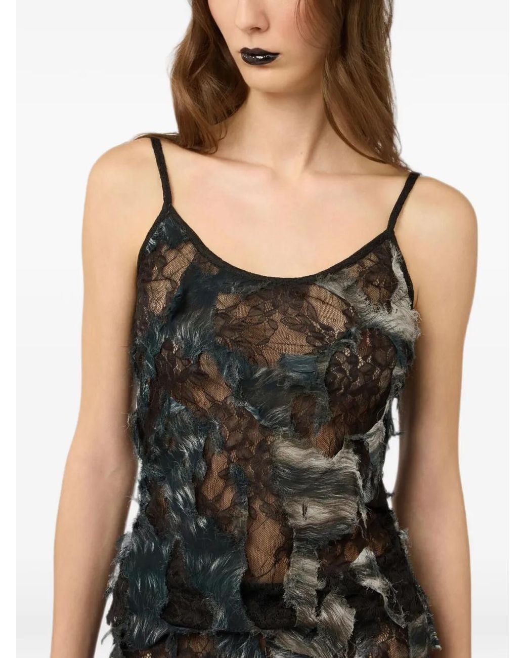 Roberto Cavalli Black Lace-Panelled Faux-Fur Top