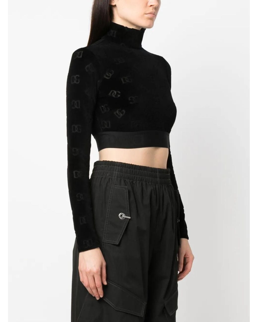 Dolce & Gabbana Black Debossed-Logo Pattern Cropped Top