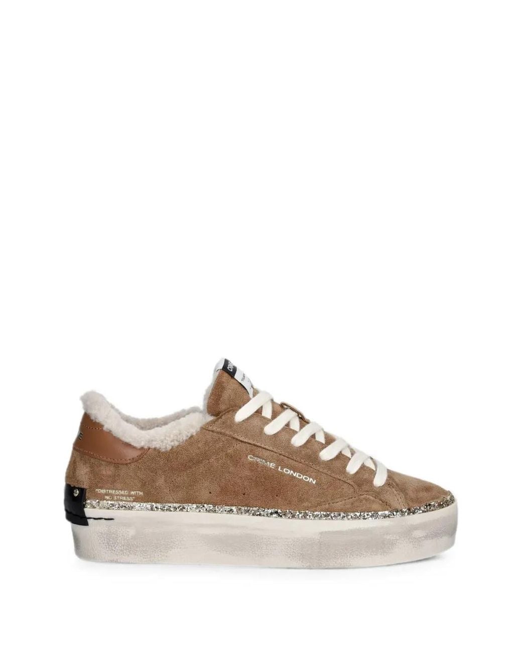 Crime London Brown Distressed Platform Glitter-Trim Platform Sneakers