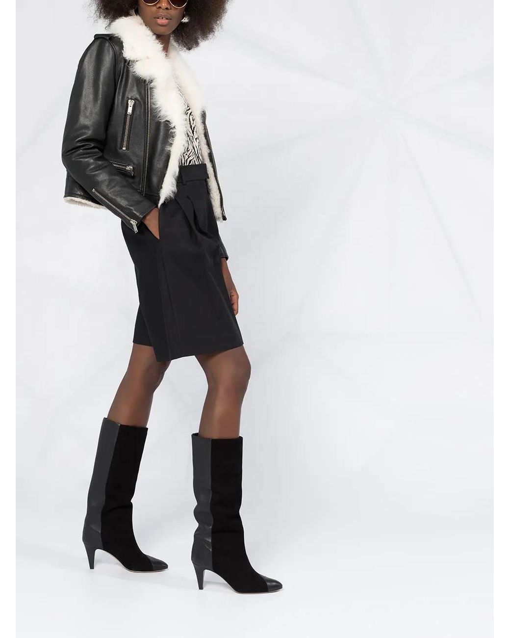 Saint Laurent Black Veste Biker En Cuir Grainé Et Shearling