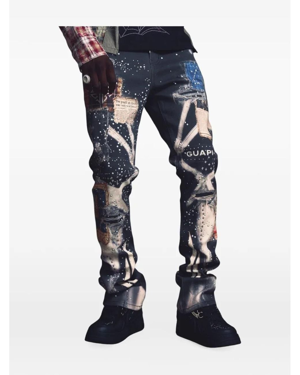 GUAPI Black Vintage Chronicle Graphic-Print Splatter-Effect Slim-Fit Jeans for men