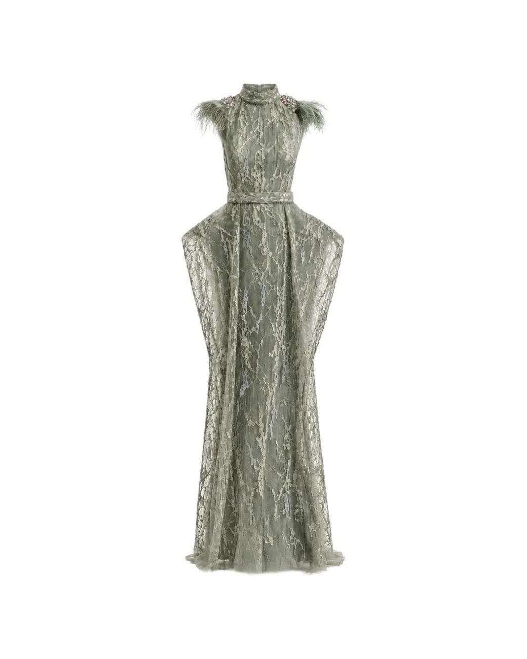 Gemy Maalouf Green Feather-Trim Lace-Overlay Dress