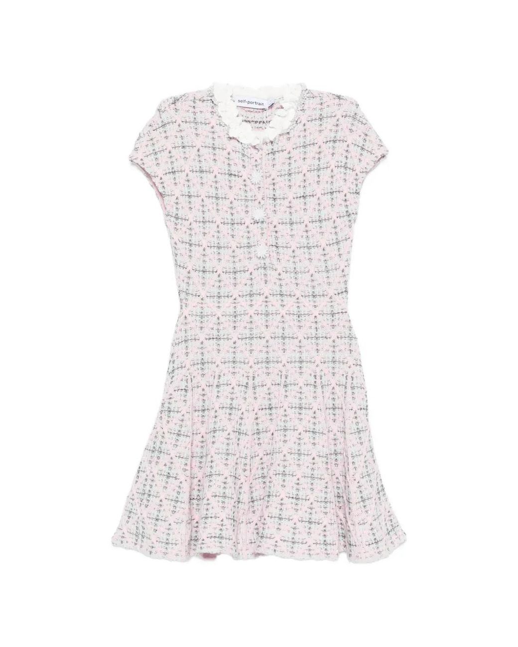 Self-Portrait White Check Knit Beaded Mini Dress