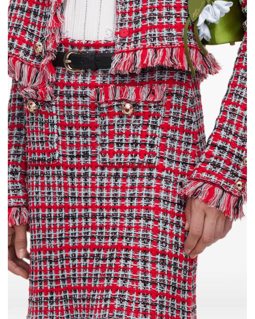 Self-Portrait Purple Check Frayed Knit Midi Skirt