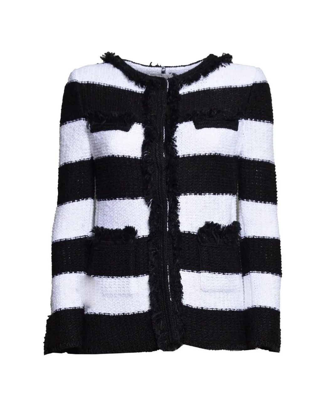 Charlott Black Striped Fringed-Trim Tweed Jacket