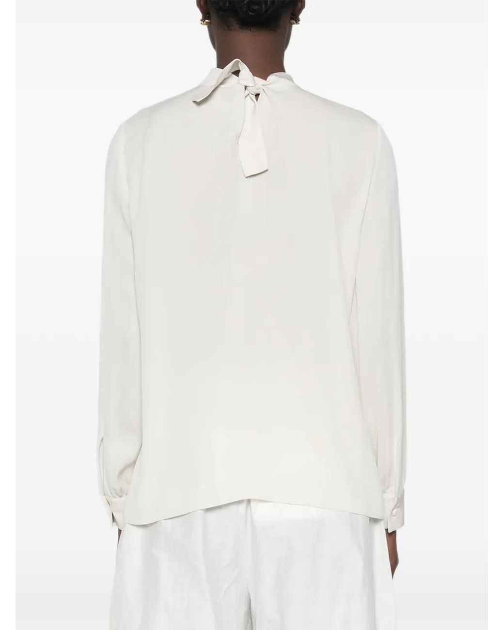 Giorgio Armani White Blouse En Soie À Col Montant Et Liens À Nouer Au Dos