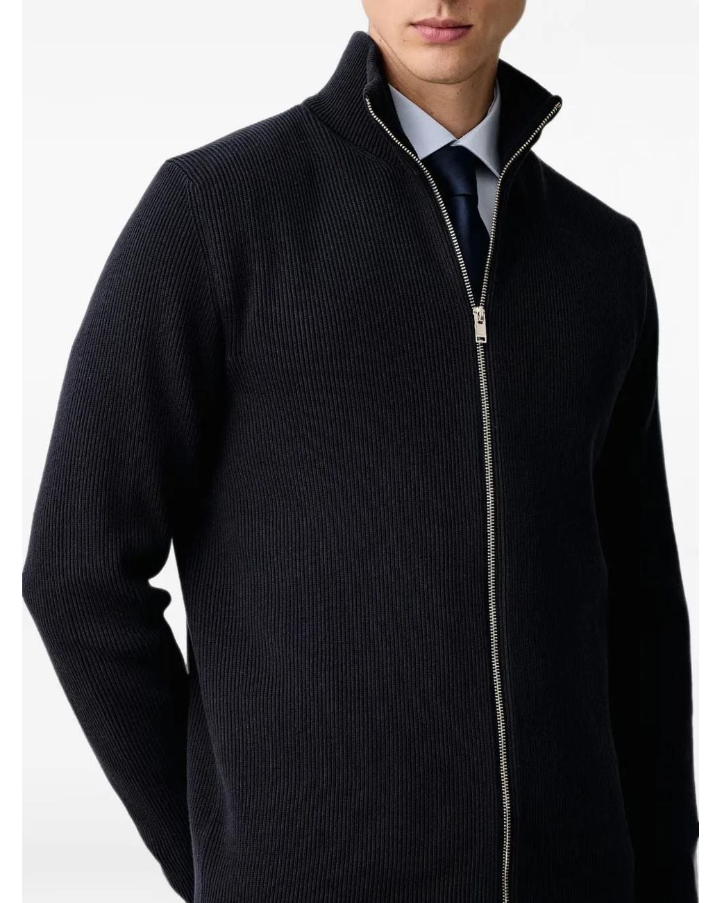 Lindbergh Blue Ribbed-Knit Zip-Up Cardigan for men