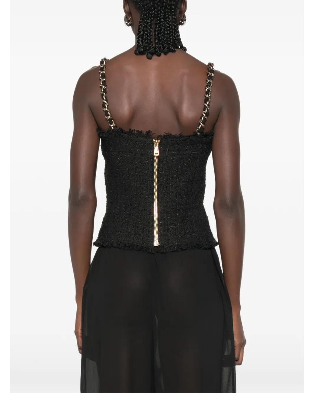 Balmain Black Sleeveless Tweed Chain-Link Strap Top