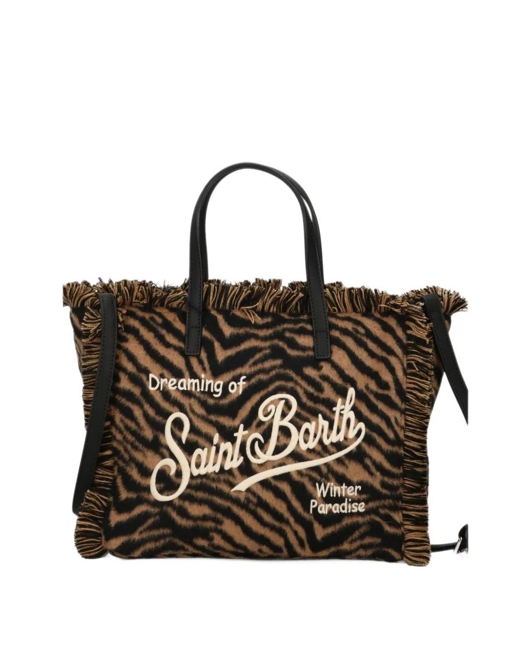 Mc2 Saint Barth Black Tiger-Print Fringed Tote Bag