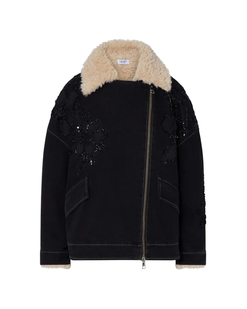 Liu Jo Black Denim Jacket With Teddy Inserts