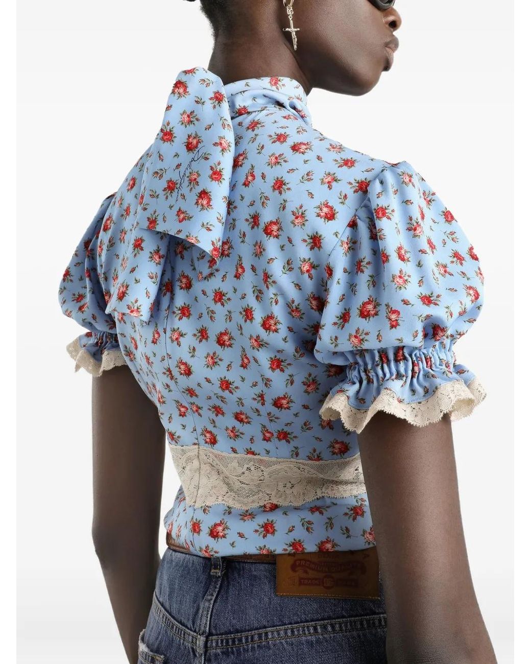 Dolce & Gabbana Blue Floral-Print Keyhole Blouse
