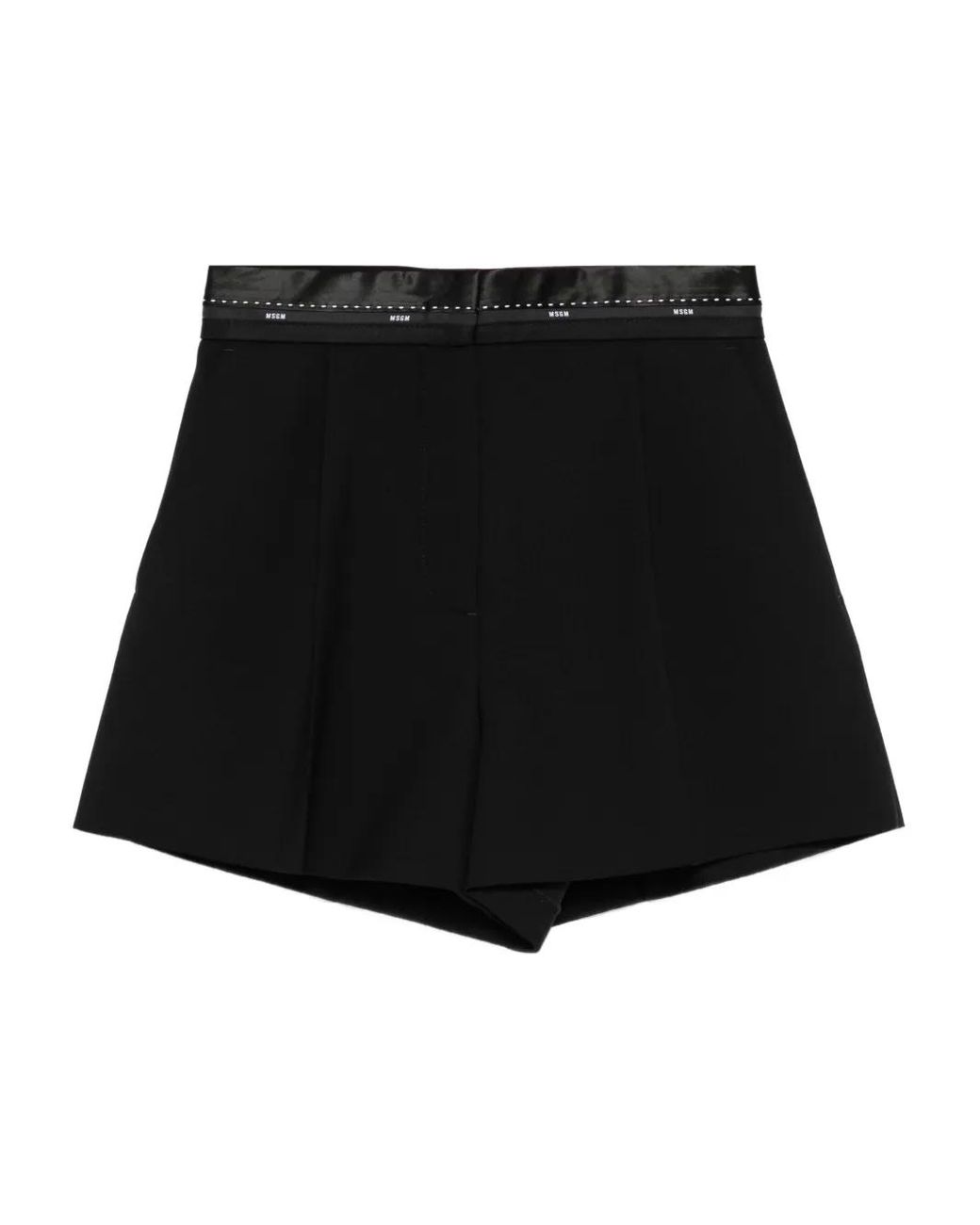 MSGM Black Pleated Satin-Trimmed Shorts