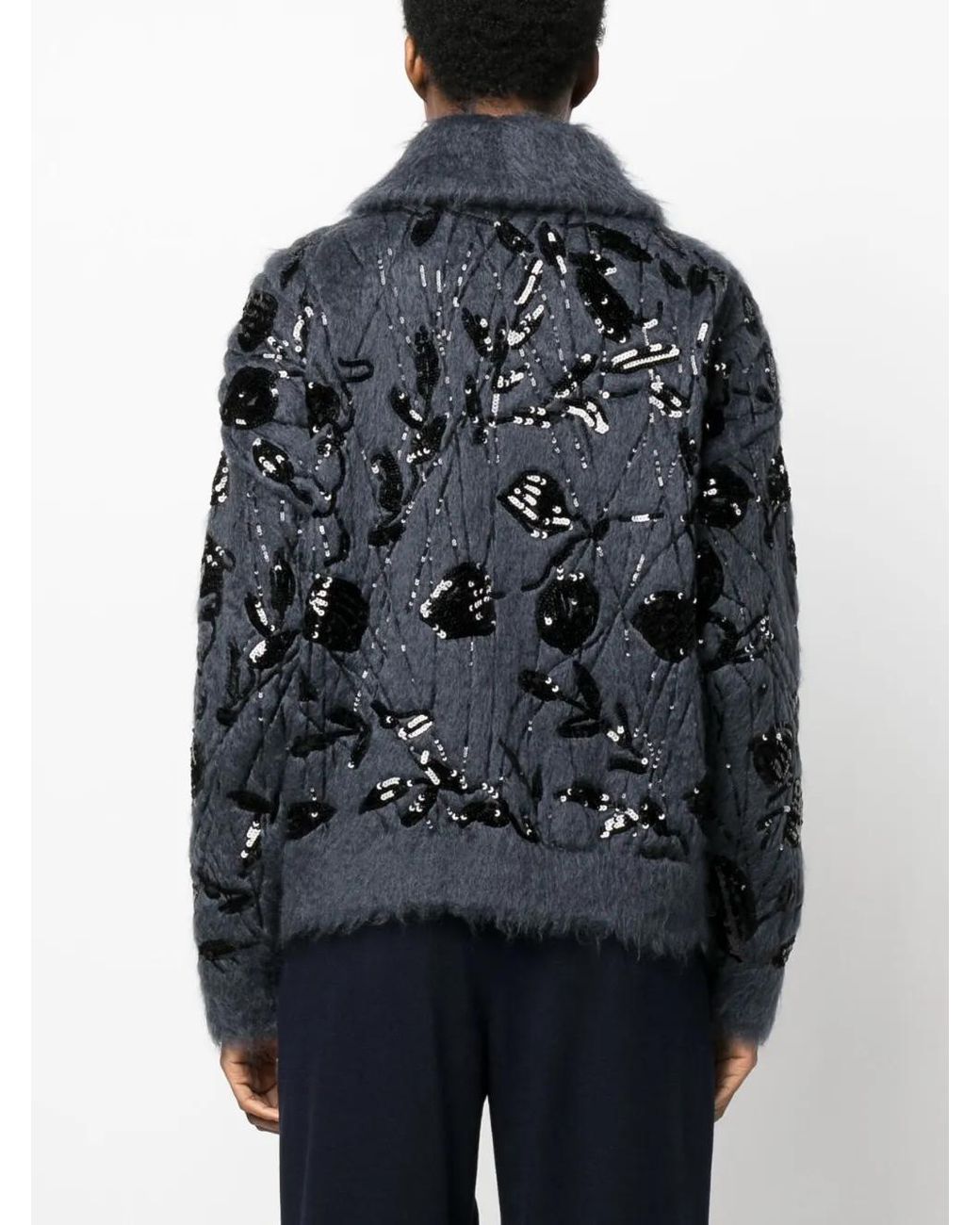 Brunello Cucinelli Black Floral Sequin Zip-Up Cardigan